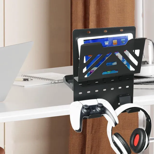 Alt view image 6 of 6 - Desk Side Storage Holder, Metal Pegboard, Above or Under Desk Laptop Mount, Table Side Hanging File Organizer, Clamp On Cable Management Tray, Peg Board for Gaming, Office