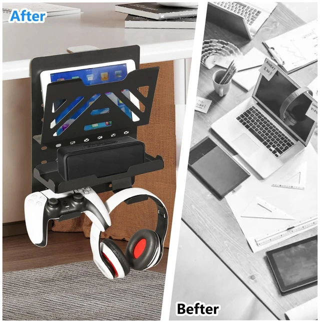 Alt view image 5 of 6 - Desk Side Storage Holder, Metal Pegboard, Above or Under Desk Laptop Mount, Table Side Hanging File Organizer, Clamp On Cable Management Tray, Peg Board for Gaming, Office