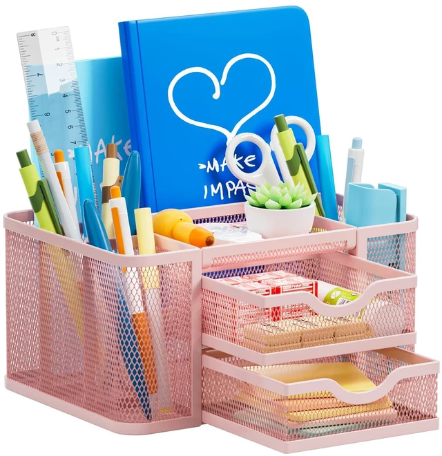 Main image of Mesh Desk Organizer, Pen Organizer with 2 Drawer, Multi-Functional Pencil Holder, Desk Organizers and Accessories with 5 Compartments + Drawer for Office Art Supplies (Pink)