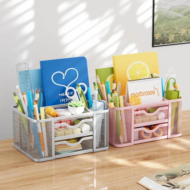 Alt view image 3 of 6 - Mesh Desk Organizer, Pen Organizer with 2 Drawer, Multi-Functional Pencil Holder, Desk Organizers and Accessories with 5 Compartments + Drawer for Office Art Supplies (Pink)