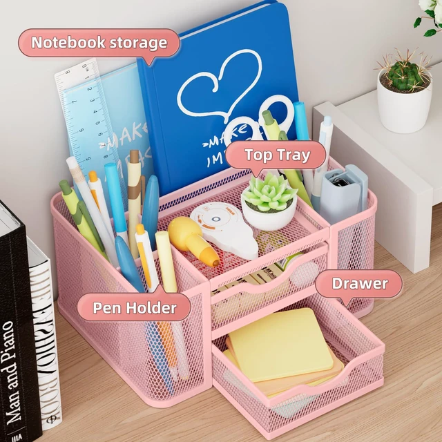 Alt view image 2 of 6 - Mesh Desk Organizer, Pen Organizer with 2 Drawer, Multi-Functional Pencil Holder, Desk Organizers and Accessories with 5 Compartments + Drawer for Office Art Supplies (Pink)