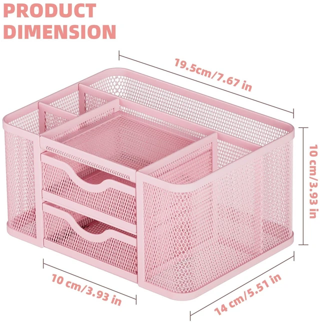 Alt view image 4 of 6 - Mesh Desk Organizer, Pen Organizer with 2 Drawer, Multi-Functional Pencil Holder, Desk Organizers and Accessories with 5 Compartments + Drawer for Office Art Supplies (Pink)