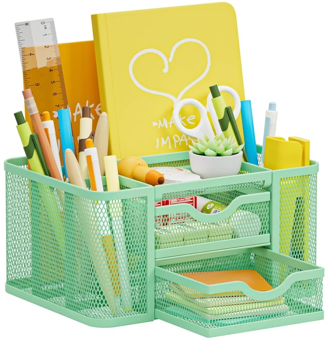 Main image of Mesh Desk Organizer, Pen Organizer with 2 Drawer, Multi-Functional Pencil Holder, Desk Organizers and Accessories with 5 Compartments + Drawer for Office Art Supplies (Green)