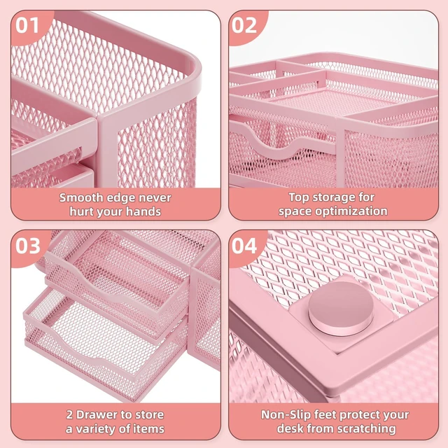 Alt view image 5 of 6 - Mesh Desk Organizer, Pen Organizer with 2 Drawer, Multi-Functional Pencil Holder, Desk Organizers and Accessories with 5 Compartments + Drawer for Office Art Supplies (Pink)