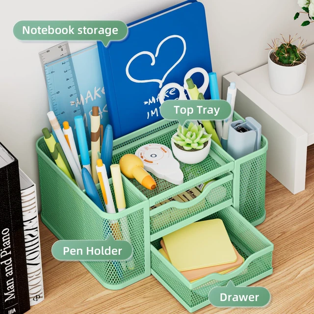 Alt view image 2 of 7 - Mesh Desk Organizer, Pen Organizer with 2 Drawer, Multi-Functional Pencil Holder, Desk Organizers and Accessories with 5 Compartments + Drawer for Office Art Supplies (Green)