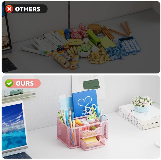 Alt view image 6 of 6 - Mesh Desk Organizer, Pen Organizer with 2 Drawer, Multi-Functional Pencil Holder, Desk Organizers and Accessories with 5 Compartments + Drawer for Office Art Supplies (Pink)