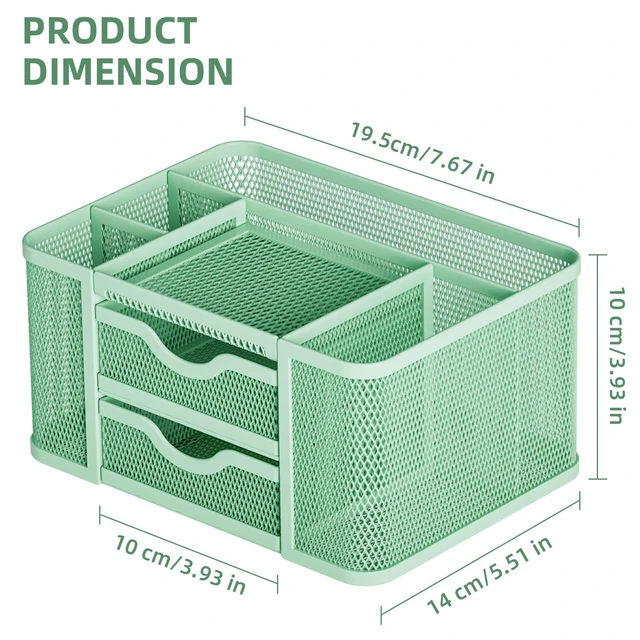 Alt view image 4 of 7 - Mesh Desk Organizer, Pen Organizer with 2 Drawer, Multi-Functional Pencil Holder, Desk Organizers and Accessories with 5 Compartments + Drawer for Office Art Supplies (Green)