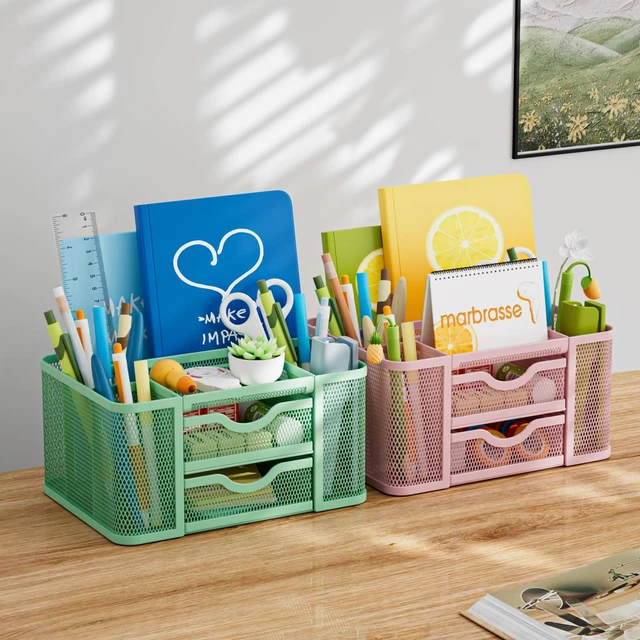 Alt view image 3 of 7 - Mesh Desk Organizer, Pen Organizer with 2 Drawer, Multi-Functional Pencil Holder, Desk Organizers and Accessories with 5 Compartments + Drawer for Office Art Supplies (Green)