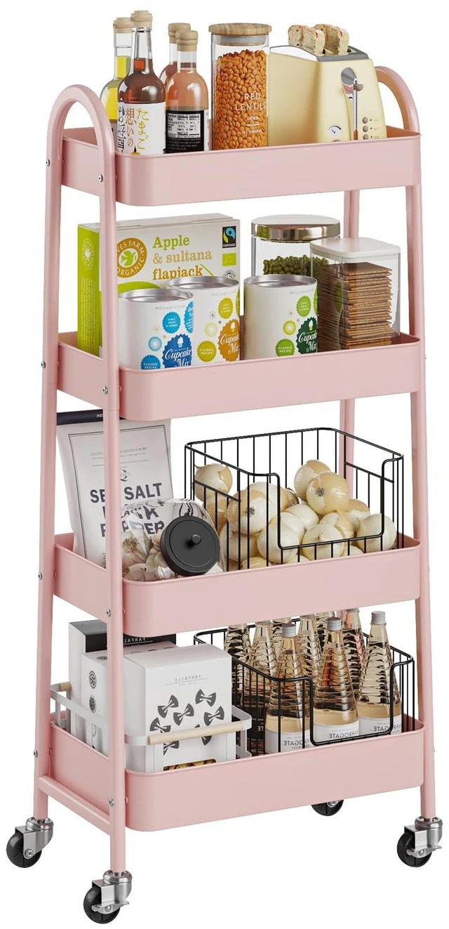 Main image of 4 Tiers Rolling Utility Cart, Storage Organizer, Shelving Unit Metal, Lockable Wheels, Mobile, Kitchen, Bathroom, Laundry, Narrow Places, Pink