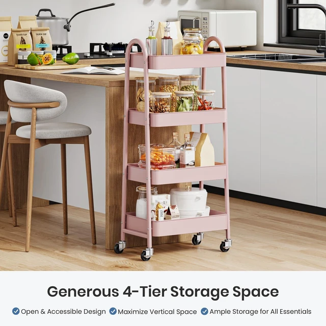 Alt view image 2 of 7 - 4 Tiers Rolling Utility Cart, Storage Organizer, Shelving Unit Metal, Lockable Wheels, Mobile, Kitchen, Bathroom, Laundry, Narrow Places, Pink