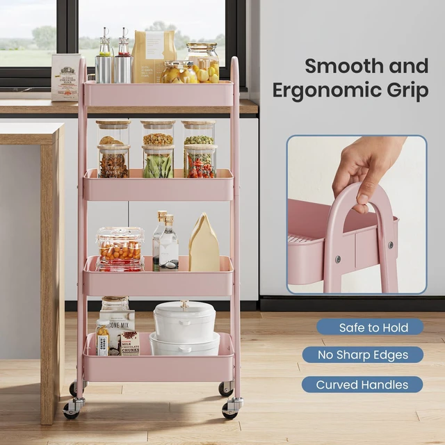 Alt view image 3 of 7 - 4 Tiers Rolling Utility Cart, Storage Organizer, Shelving Unit Metal, Lockable Wheels, Mobile, Kitchen, Bathroom, Laundry, Narrow Places, Pink