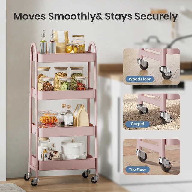 Alt view image 4 of 7 - 4 Tiers Rolling Utility Cart, Storage Organizer, Shelving Unit Metal, Lockable Wheels, Mobile, Kitchen, Bathroom, Laundry, Narrow Places, Pink