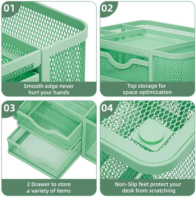 Alt view image 6 of 7 - Mesh Desk Organizer, Pen Organizer with 2 Drawer, Multi-Functional Pencil Holder, Desk Organizers and Accessories with 5 Compartments + Drawer for Office Art Supplies (Green)
