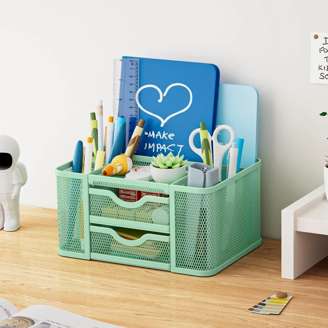 Alt view image 5 of 7 - Mesh Desk Organizer, Pen Organizer with 2 Drawer, Multi-Functional Pencil Holder, Desk Organizers and Accessories with 5 Compartments + Drawer for Office Art Supplies (Green)