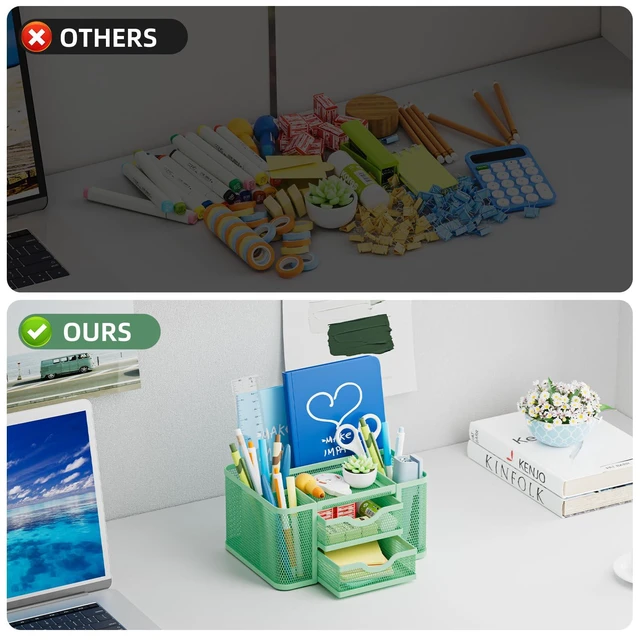 Alt view image 7 of 7 - Mesh Desk Organizer, Pen Organizer with 2 Drawer, Multi-Functional Pencil Holder, Desk Organizers and Accessories with 5 Compartments + Drawer for Office Art Supplies (Green)