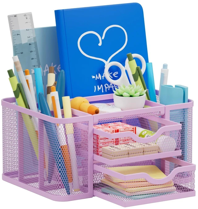 Main image of Mesh Desk Organizer, Pen Holder with 2 Drawer, Multi-Functional Pencil Holder, Desk Organizers and Accessories with 5 Compartments + Drawer for Office Art Supplies (Purple)