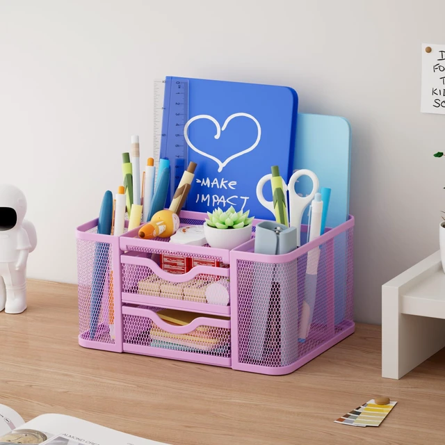Alt view image 3 of 7 - Mesh Desk Organizer, Pen Holder with 2 Drawer, Multi-Functional Pencil Holder, Desk Organizers and Accessories with 5 Compartments + Drawer for Office Art Supplies (Purple)