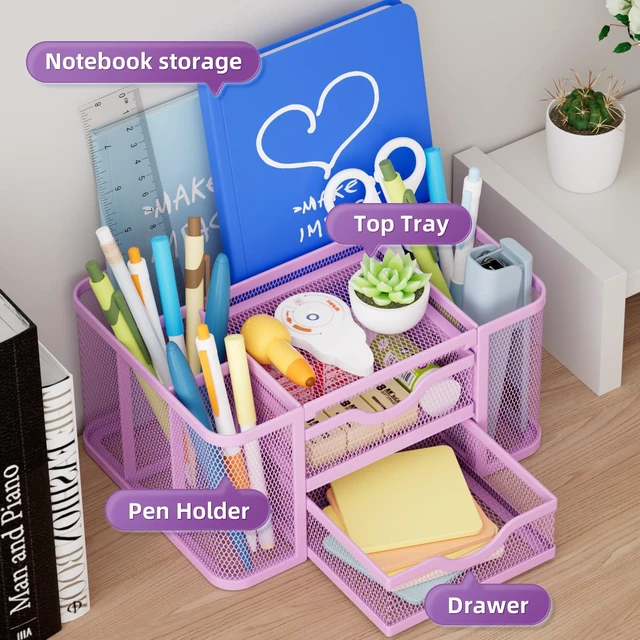 Alt view image 2 of 7 - Mesh Desk Organizer, Pen Holder with 2 Drawer, Multi-Functional Pencil Holder, Desk Organizers and Accessories with 5 Compartments + Drawer for Office Art Supplies (Purple)