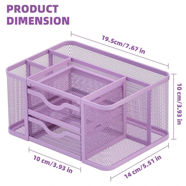 Alt view image 4 of 7 - Mesh Desk Organizer, Pen Holder with 2 Drawer, Multi-Functional Pencil Holder, Desk Organizers and Accessories with 5 Compartments + Drawer for Office Art Supplies (Purple)