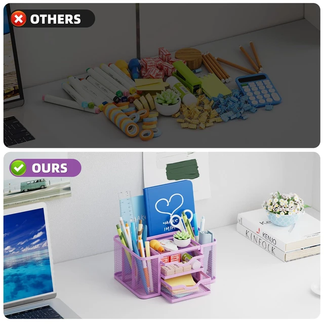 Alt view image 6 of 7 - Mesh Desk Organizer, Pen Holder with 2 Drawer, Multi-Functional Pencil Holder, Desk Organizers and Accessories with 5 Compartments + Drawer for Office Art Supplies (Purple)