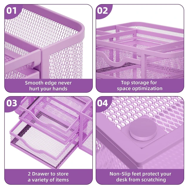 Alt view image 7 of 7 - Mesh Desk Organizer, Pen Holder with 2 Drawer, Multi-Functional Pencil Holder, Desk Organizers and Accessories with 5 Compartments + Drawer for Office Art Supplies (Purple)
