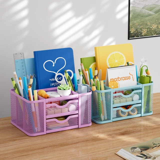 Alt view image 5 of 7 - Mesh Desk Organizer, Pen Holder with 2 Drawer, Multi-Functional Pencil Holder, Desk Organizers and Accessories with 5 Compartments + Drawer for Office Art Supplies (Purple)
