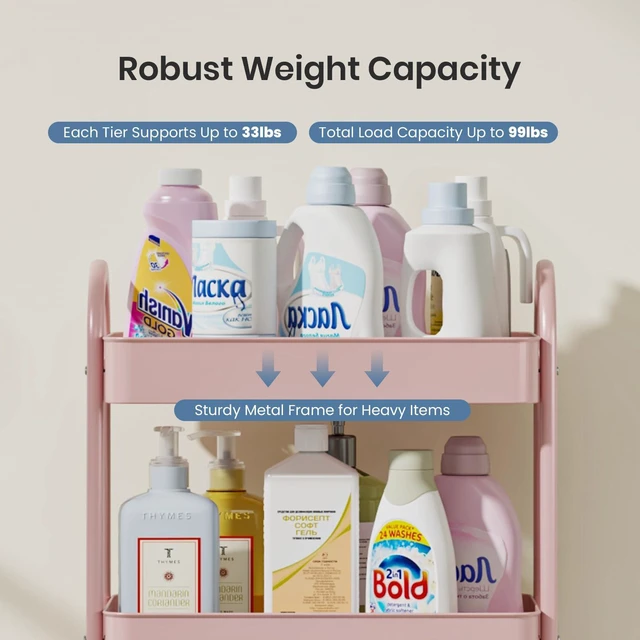 Alt view image 5 of 7 - 4 Tiers Rolling Utility Cart, Storage Organizer, Shelving Unit Metal, Lockable Wheels, Mobile, Kitchen, Bathroom, Laundry, Narrow Places, Pink