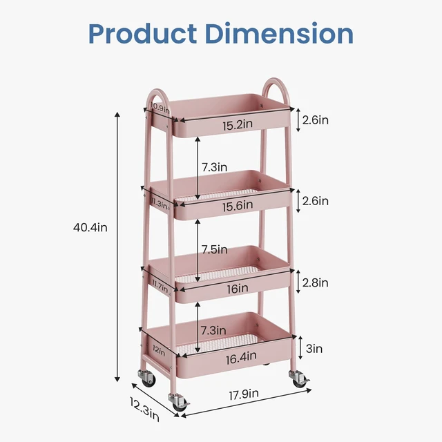 Alt view image 6 of 7 - 4 Tiers Rolling Utility Cart, Storage Organizer, Shelving Unit Metal, Lockable Wheels, Mobile, Kitchen, Bathroom, Laundry, Narrow Places, Pink
