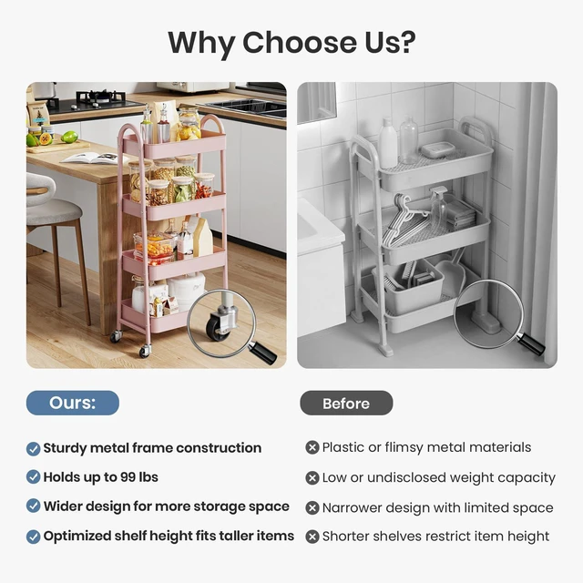 Alt view image 7 of 7 - 4 Tiers Rolling Utility Cart, Storage Organizer, Shelving Unit Metal, Lockable Wheels, Mobile, Kitchen, Bathroom, Laundry, Narrow Places, Pink