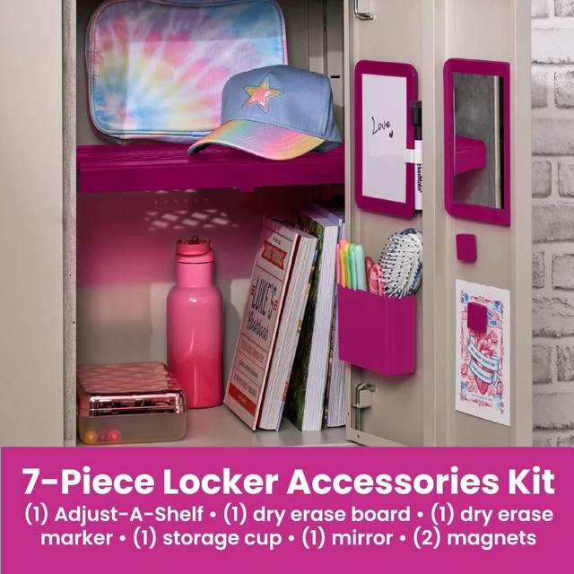 Alt view image 3 of 6 - Adjust-A-Shelf 6-Piece Locker Accessories Set, Extends to Fit Your Locker, Includes Storage Drawer, Mirror, Whiteboard, Storage Cup, Pink (50924KIT-FCH)