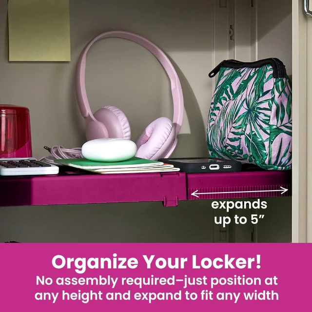 Alt view image 4 of 6 - Adjust-A-Shelf 6-Piece Locker Accessories Set, Extends to Fit Your Locker, Includes Storage Drawer, Mirror, Whiteboard, Storage Cup, Pink (50924KIT-FCH)