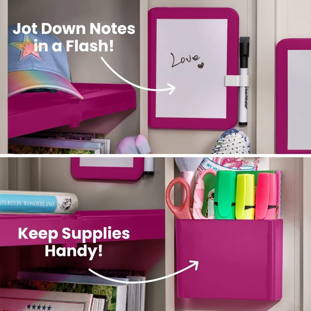 Alt view image 6 of 6 - Adjust-A-Shelf 6-Piece Locker Accessories Set, Extends to Fit Your Locker, Includes Storage Drawer, Mirror, Whiteboard, Storage Cup, Pink (50924KIT-FCH)