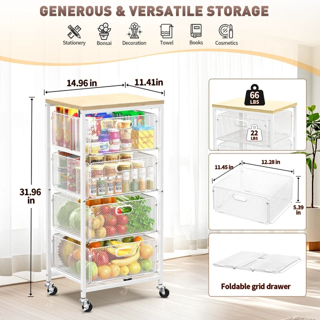 Alt view image 2 of 7 - Kitchen Storage Cart with Drawers,Metal Snack Cart Organizer,White 4-Tier Craft Cart with Lockable Wheels, Wooden Top, Rolling Storage Drawer Carts for Snacks,Beauty,Craft,Art,Makeup,School