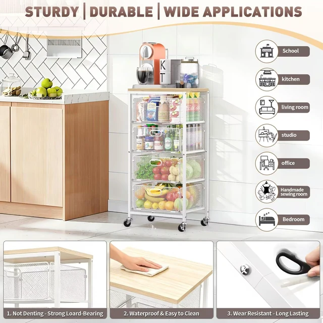 Alt view image 3 of 7 - Kitchen Storage Cart with Drawers,Metal Snack Cart Organizer,White 4-Tier Craft Cart with Lockable Wheels, Wooden Top, Rolling Storage Drawer Carts for Snacks,Beauty,Craft,Art,Makeup,School