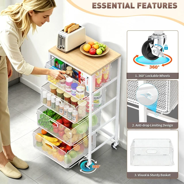 Alt view image 4 of 7 - Kitchen Storage Cart with Drawers,Metal Snack Cart Organizer,White 4-Tier Craft Cart with Lockable Wheels, Wooden Top, Rolling Storage Drawer Carts for Snacks,Beauty,Craft,Art,Makeup,School