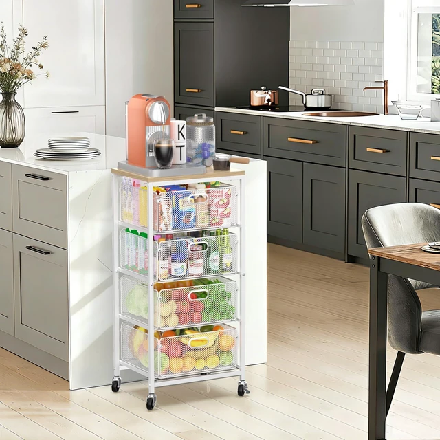 Alt view image 5 of 7 - Kitchen Storage Cart with Drawers,Metal Snack Cart Organizer,White 4-Tier Craft Cart with Lockable Wheels, Wooden Top, Rolling Storage Drawer Carts for Snacks,Beauty,Craft,Art,Makeup,School