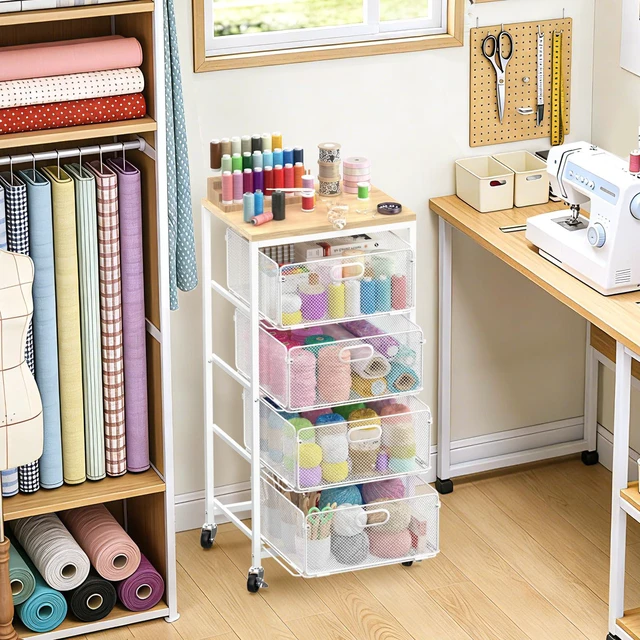 Alt view image 6 of 7 - Kitchen Storage Cart with Drawers,Metal Snack Cart Organizer,White 4-Tier Craft Cart with Lockable Wheels, Wooden Top, Rolling Storage Drawer Carts for Snacks,Beauty,Craft,Art,Makeup,School