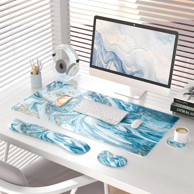 Alt view image 2 of 7 - PU Leather Desk Mat Set, 4-in-1 Ergonomic Wrist Rest, Blue Marble Waterproof Large Mouse Pad 31.5×15.7 + Keyboard Wrist Rest + Mouse Wrist Support+Coaster, Non-Slip Office Gaming Accessories