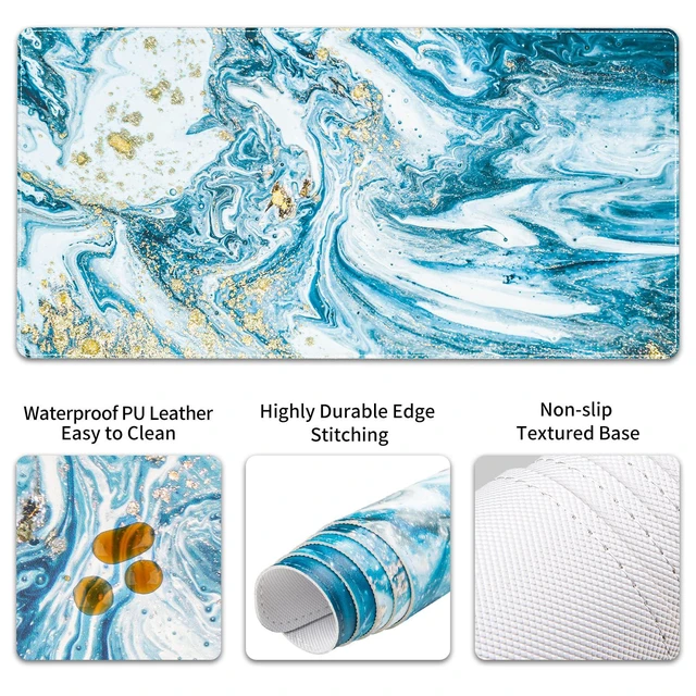 Alt view image 5 of 7 - PU Leather Desk Mat Set, 4-in-1 Ergonomic Wrist Rest, Blue Marble Waterproof Large Mouse Pad 31.5×15.7 + Keyboard Wrist Rest + Mouse Wrist Support+Coaster, Non-Slip Office Gaming Accessories