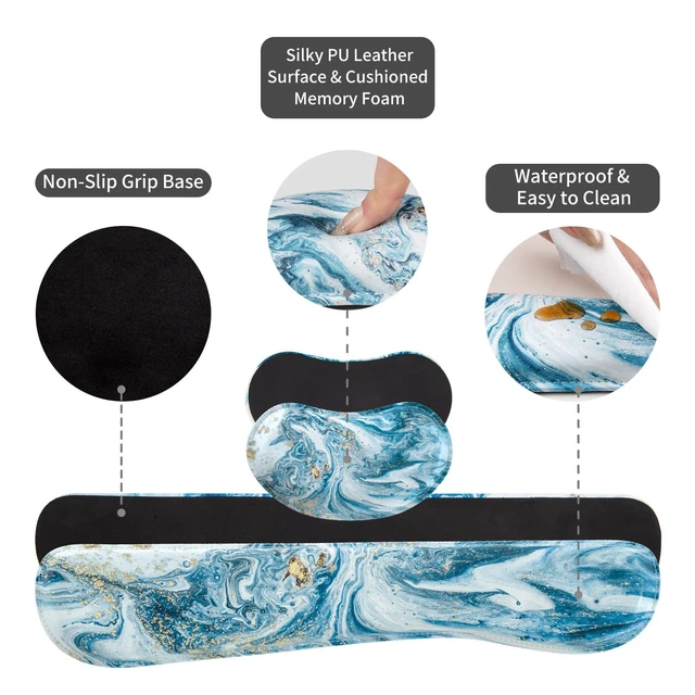 Alt view image 6 of 7 - PU Leather Desk Mat Set, 4-in-1 Ergonomic Wrist Rest, Blue Marble Waterproof Large Mouse Pad 31.5×15.7 + Keyboard Wrist Rest + Mouse Wrist Support+Coaster, Non-Slip Office Gaming Accessories
