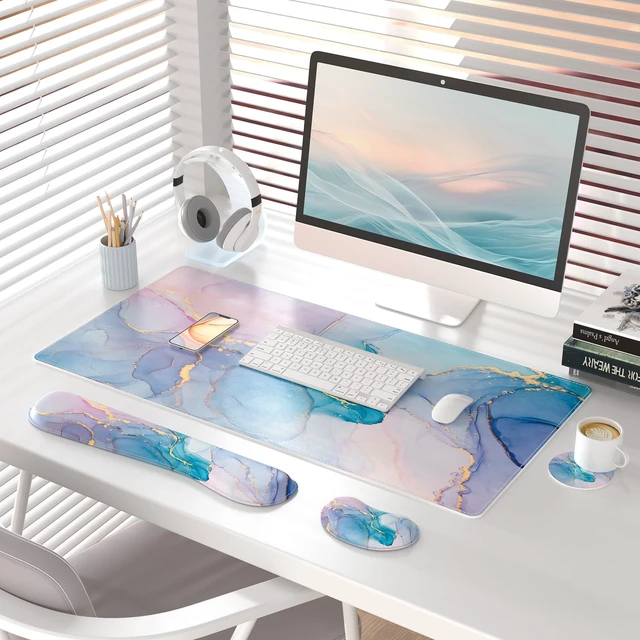 Alt view image 2 of 7 - PU Leather Desk Mat Set, 4-in-1 Ergonomic Wrist Rest, Blue Pink Fluid Waterproof Large Mouse Pad 31.5×15.7 + Keyboard Wrist Rest + Mouse Wrist Support+Coaster, Non-Slip Office Gaming Accessories