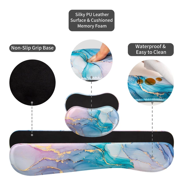 Alt view image 6 of 7 - PU Leather Desk Mat Set, 4-in-1 Ergonomic Wrist Rest, Blue Pink Fluid Waterproof Large Mouse Pad 31.5×15.7 + Keyboard Wrist Rest + Mouse Wrist Support+Coaster, Non-Slip Office Gaming Accessories