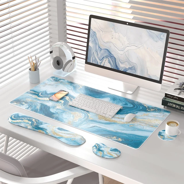 Alt view image 2 of 7 - PU Leather Desk Mat Set, 4-in-1 Ergonomic Wrist Rest, Blue Fluid Art Waterproof Large Mouse Pad 31.5×15.7 + Keyboard Wrist Rest + Mouse Wrist Support+Coaster, Non-Slip Office Gaming Accessories