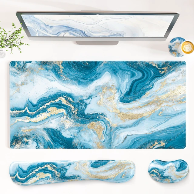 Main image of PU Leather Desk Mat Set, 4-in-1 Ergonomic Wrist Rest, Blue Fluid Art Waterproof Large Mouse Pad 31.5×15.7 + Keyboard Wrist Rest + Mouse Wrist Support+Coaster, Non-Slip Office Gaming Accessories