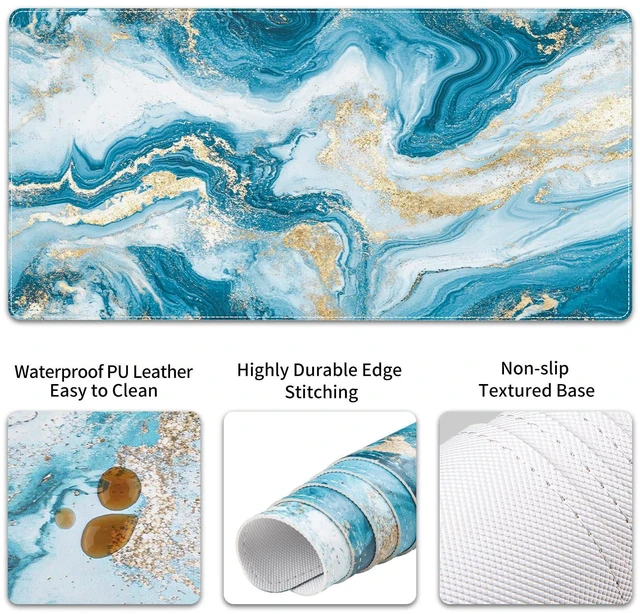 Alt view image 5 of 7 - PU Leather Desk Mat Set, 4-in-1 Ergonomic Wrist Rest, Blue Fluid Art Waterproof Large Mouse Pad 31.5×15.7 + Keyboard Wrist Rest + Mouse Wrist Support+Coaster, Non-Slip Office Gaming Accessories