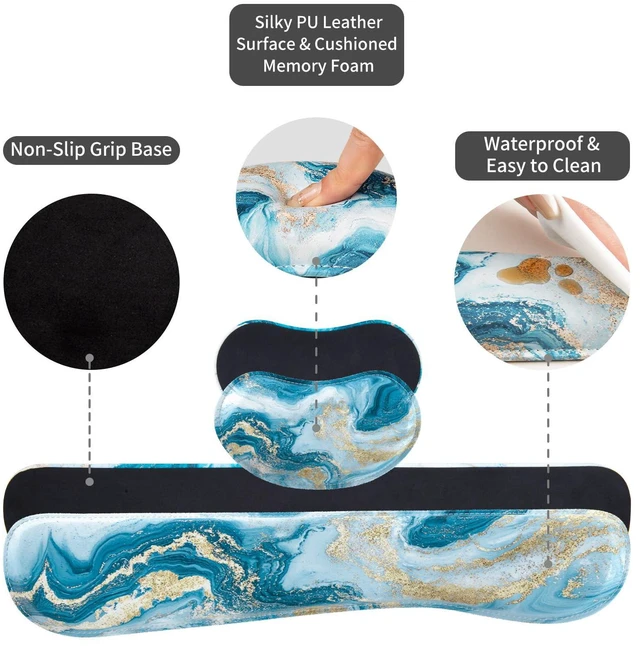 Alt view image 6 of 7 - PU Leather Desk Mat Set, 4-in-1 Ergonomic Wrist Rest, Blue Fluid Art Waterproof Large Mouse Pad 31.5×15.7 + Keyboard Wrist Rest + Mouse Wrist Support+Coaster, Non-Slip Office Gaming Accessories