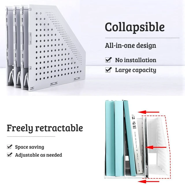 Alt view image 3 of 7 - 2Pcs Collapsible Plastic Magazine File Holder Vertical Binder Storage Organizer for Desk Sturdy Upright Desktop Magazine Organizer Folder Rack for Office School Home (3 Compartments, Gray)