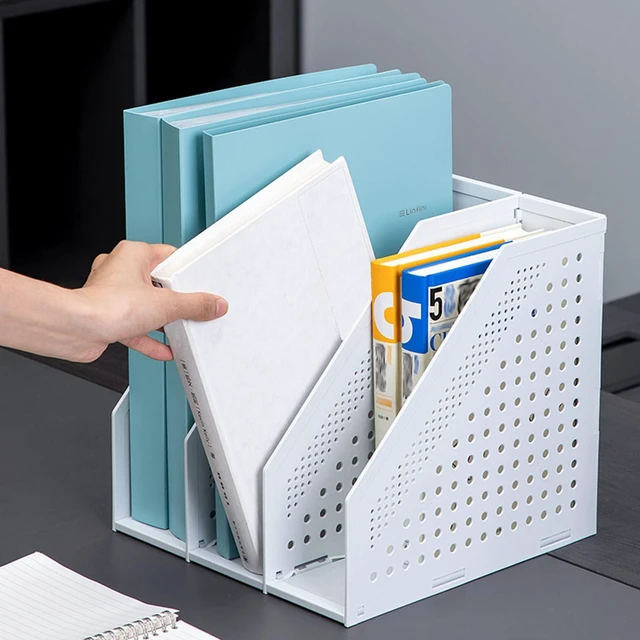 Alt view image 7 of 7 - 2Pcs Collapsible Plastic Magazine File Holder Vertical Binder Storage Organizer for Desk Sturdy Upright Desktop Magazine Organizer Folder Rack for Office School Home (3 Compartments, Gray)