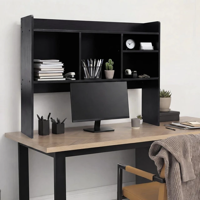 Alt view image 2 of 6 - Dorm Desk Hutch Wood Desktop Bookshelf 32.4x27.6x8'',Black 6 Shelves 3 Tier Countertop Storage Hutch, Computer Top Only Organizer Multipurpose Display Rack, Work College Office Home