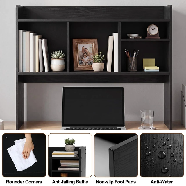 Alt view image 4 of 6 - Dorm Desk Hutch Wood Desktop Bookshelf 32.4x27.6x8'',Black 6 Shelves 3 Tier Countertop Storage Hutch, Computer Top Only Organizer Multipurpose Display Rack, Work College Office Home